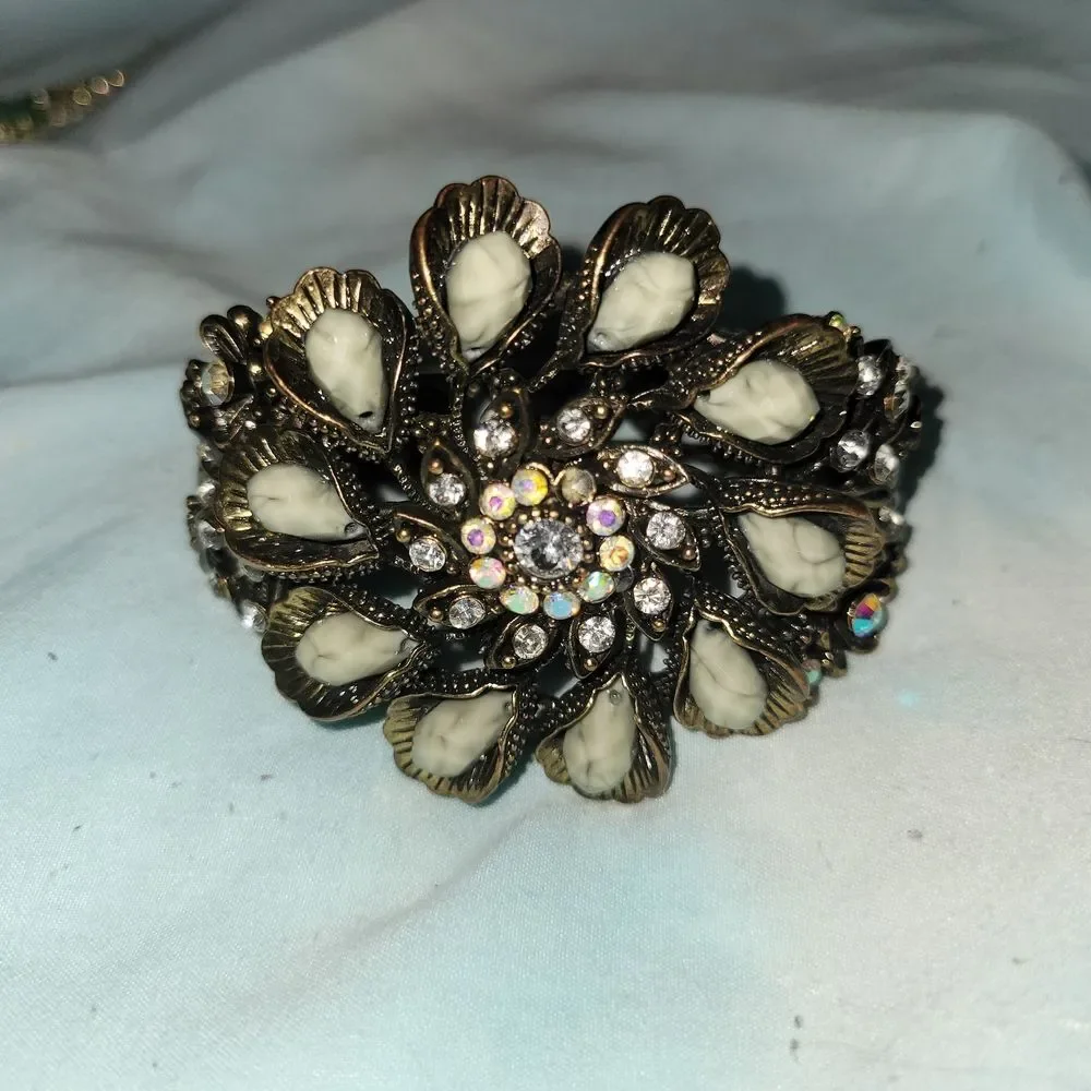 Floral Statement Cuff Bracelet - Brass & Gold Tones With Green Stones